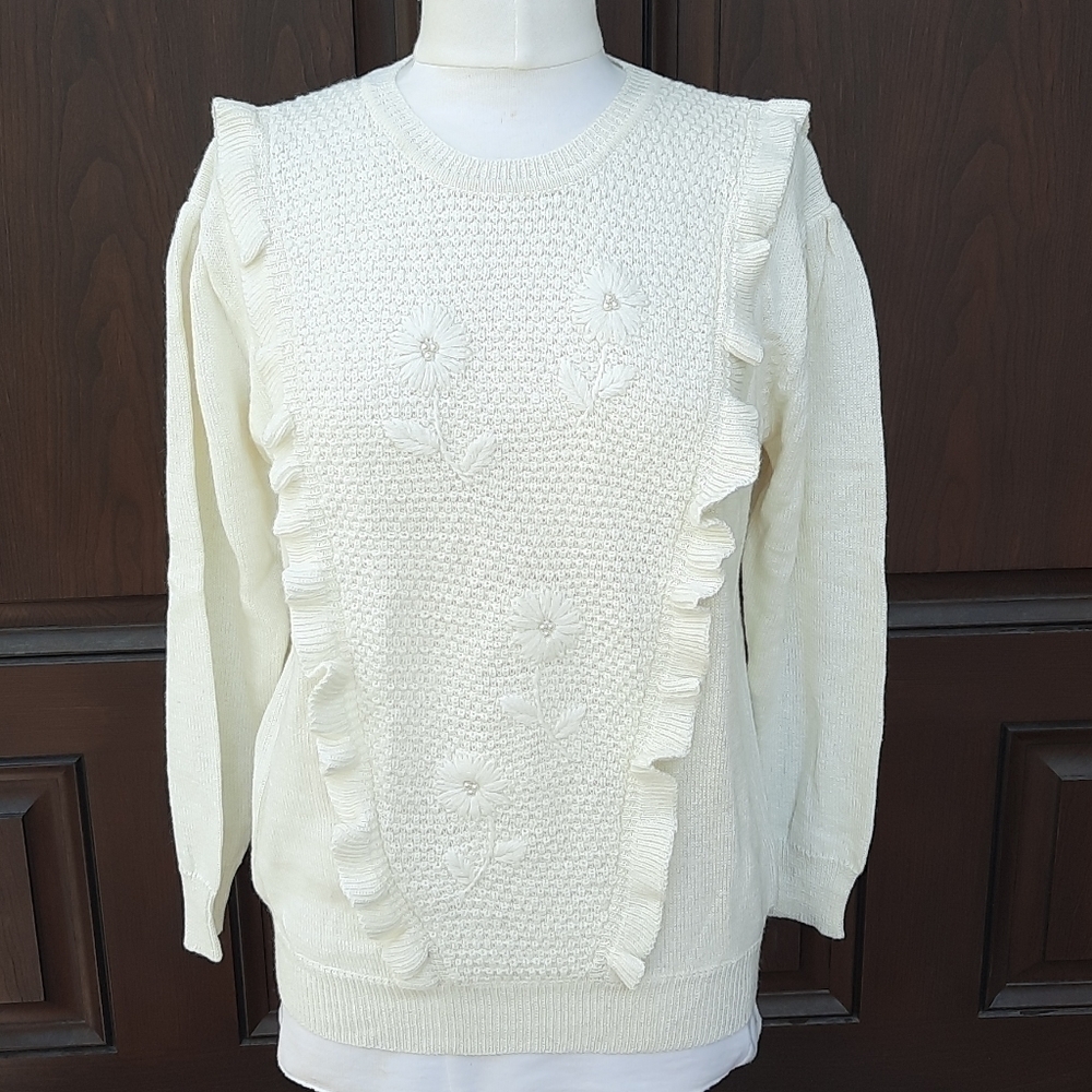 Vintage Rochelle Deadstock Ruffle Floral Knit Crewneck Sweater Ivory Cream L